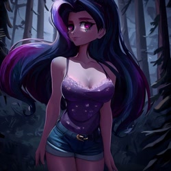Size: 900x900 | Tagged: safe, ai content, derpibooru import, generator:stable diffusion, machine learning generated, twilight sparkle, human, bare shoulders, breasts, camisole, cleavage, clothes, denim, denim shorts, female, forest, humanized, looking at you, night, shorts, sleeveless, solo