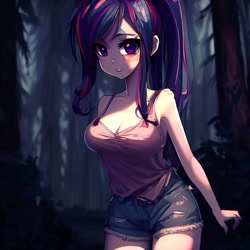 Size: 900x900 | Tagged: safe, ai content, derpibooru import, generator:stable diffusion, machine learning generated, twilight sparkle, human, equestria girls, legend of everfree, alternate hairstyle, big breasts, breasts, cleavage, clothes, denim, denim shorts, female, forest, headlight sparkle, humanized, looking at you, night, ponytail, shorts, solo, standing