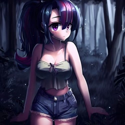 Size: 900x900 | Tagged: safe, ai content, derpibooru import, generator:stable diffusion, machine learning generated, twilight sparkle, human, equestria girls, legend of everfree, alternate hairstyle, big breasts, breasts, cleavage, clothes, denim, denim shorts, female, forest, headlight sparkle, humanized, looking at you, midriff, night, ponytail, shorts, smiling, smiling at you, solo