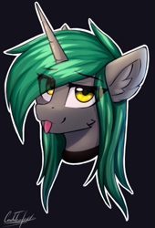 Size: 371x545 | Tagged: safe, artist:cmdrtempest, derpibooru import, oc, oc:soft spring, pony, unicorn, bust, collar, cute, looking at you, simple background, solo, sticker, tongue, tongue out