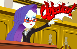 Size: 2702x1736 | Tagged: safe, artist:calmbreezes, derpibooru import, rarity, human, equestria girls, ace attorney, breasts, caption, cleavage, clothes, courtroom, glasses, image macro, lawyer, objection, parody, solo, suit, text