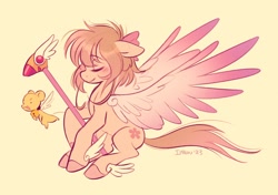 Size: 1530x1080 | Tagged: safe, artist:imalou, derpibooru import, earth pony, pony, artificial wings, augmented, bow, cardcaptor sakura, eyes closed, female, hair bow, kerberos, magic, magic staff, magic wings, mare, ponified, sakura kinomoto, simple background, sitting, smiling, solo, species swap, spread wings, staff, winged hooves, wings, yellow background