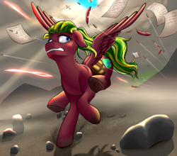 Size: 2276x2000 | Tagged: safe, artist:fluffyorbiter, derpibooru import, oc, oc only, oc:melon heart, pegasus, fallout equestria, ass up, bag, bullet, bullet hole, cloud, cloudy, crepuscular rays, energy blast, feather, fog, folded wings, galloping, glowing sky, green mane, gritted teeth, hoofprints, implied flutterdash, implied lesbian, implied shipping, looking back, mountain, offscreen shooting, paper, pegasus oc, red coat, run for your lives, running, running away, saddle bag, scared, shooting, sky, spread wings, stone, sun, teeth, torn feather, wasteland, waving mane, waving tail, weather team, wings