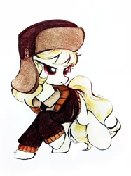 Size: 1835x2447 | Tagged: safe, artist:liaaqila, derpibooru import, march gustysnows, earth pony, pony, clothes, coat, commission, female, hat, mare, simple background, solo, traditional art, white background