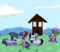 Size: 879x757 | Tagged: safe, artist:lilithscure, derpibooru import, oc, oc:cosmia nebula, oc:lurid shadow, oc:sneshney, oc:yasei urami, pony, clothes, grass, house, pony town, socks