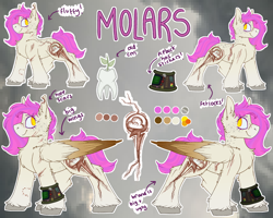 Size: 3000x2400 | Tagged: safe, artist:molars, derpibooru import, oc, oc:molars, pony, fallout equestria, branded, cutie mark, dashite, doodle, female, mare, pink mane, pipbuck, ponysona, reference sheet, scar, solo, unshorn fetlocks