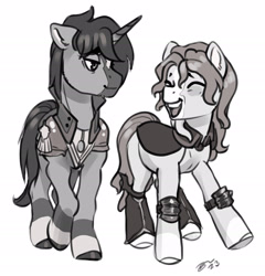 Size: 2514x2622 | Tagged: safe, artist:opalacorn, derpibooru import, oc, oc only, pony, duo, eyes closed, grayscale, looking at each other, looking at someone, monochrome, open mouth, open smile, simple background, smiling, white background