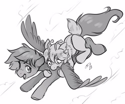 Size: 3048x2549 | Tagged: safe, artist:opalacorn, derpibooru import, oc, oc only, bug pony, insect, pegasus, pony, duo, flying, grayscale, monochrome, ponies riding ponies, riding, simple background, spread wings, white background, wings