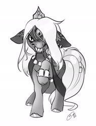 Size: 1559x2047 | Tagged: safe, artist:opalacorn, derpibooru import, oc, oc only, kelpie, pony, ears, female, floppy ears, grayscale, mare, monochrome, multiple eyes, sharp teeth, simple background, solo, teeth, unusual pupils, white background