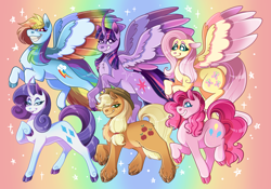 Size: 2755x1929 | Tagged: safe, artist:carmel-lemon, derpibooru import, applejack, fluttershy, pinkie pie, rainbow dash, rarity, twilight sparkle, twilight sparkle (alicorn), alicorn, earth pony, pegasus, pony, unicorn, cloven hooves, colored wings, curved horn, female, hoof on chest, horn, lidded eyes, mane six, mare, multicolored wings, rainbow background, rainbow wings, spread wings, unshorn fetlocks, wings