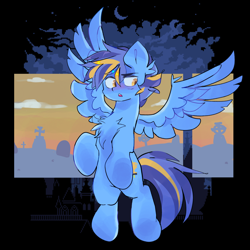 Size: 2048x2048 | Tagged: safe, artist:madiwann, derpibooru import, oc, oc only, oc:shining trophy, pegasus, pony, blue mane, golden eyes, gothic, male, night, open mouth, solo, spread wings, wings