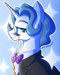Size: 2000x2500 | Tagged: safe, artist:edgyanimator, derpibooru exclusive, derpibooru import, fancypants, pony, unicorn, accessory, bedroom eyes, blue background, blue eyes, blue hair, blue mane, bowtie, bust, cel shading, closed mouth, clothes, colored, colored lineart, colored pupils, digital art, eyebrows, eyebrows up, facial hair, firealpaca, flowy hair, flowy mane, highlights, horn, looking at you, male, monocle, moustache, portrait, shading, short hair, short mane, side view, signature, simple background, simple shading, smiling, smiling at you, smirk, solo, sparkles, stallion, starry eyes, sternocleidomastoid, stupid sexy fancypants, suit, tuxedo, white coat, white fur, wingding eyes
