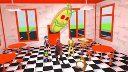 Size: 1192x671 | Tagged: safe, artist:smg4, derpibooru import, juniper montage, equestria girls, 3d, cameo, engineer, gmod, luigi doll, monty mole, pizza face (pizza tower), pizza tower, smg4, super mario bros., team fortress 2