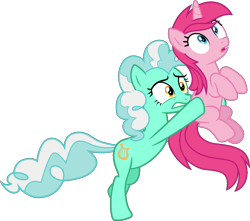 Size: 1024x905 | Tagged: safe, derpibooru import, lyra heartstrings, pinkie pie, earth pony, pony, unicorn, confused, cutie mark swap, eye swap, implied body swap, nervous, palette swap, recolor, simple background, transparent background