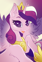 Size: 2000x3000 | Tagged: safe, artist:dankpegasista, derpibooru exclusive, derpibooru import, princess cadance, alicorn, pony, :d, abstract background, bust, clothes, collar, colored lineart, colored pupils, colored wings, crown, curly hair, curly mane, digital art, ear fluff, ears, eyebrows, eyelashes, feathered wings, female, gem, gold, gradient background, gradient hair, gradient wings, half body, happy, heart, heart eyes, high res, highlights, jewelry, krita, looking at you, mare, multicolored hair, multicolored mane, open mouth, open smile, pink coat, portrait, purple eyes, raised hoof, raised leg, regalia, royalty, shading, shiny mane, shiny skin, shoes, signature, simple background, smiling, smiling at you, solo, spread wings, teeth, waist up, wall of tags, wingding eyes, wings