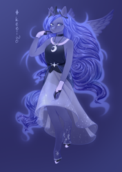 Size: 1060x1500 | Tagged: safe, artist:keeiwo, derpibooru import, princess luna, anthro, unguligrade anthro, blue background, clothes, dress, ethereal mane, female, hand on cheek, jewelry, necklace, signature, simple background, solo, spread wings, wings