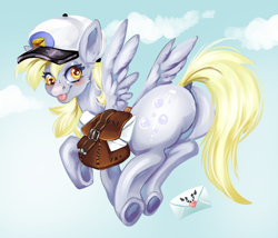 Size: 1012x868 | Tagged: safe, artist:dieingartist, derpibooru import, derpy hooves, pegasus, pony, :p, bag, blushing, bubble butt, butt, cloud, derp, female, hat, letter, looking at you, looking back, looking back at you, mailbag, mailmare, mailmare hat, mare, plot, sky, solo, tongue, tongue out