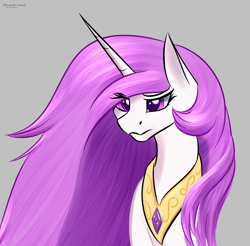 Size: 1774x1747 | Tagged: safe, artist:renarde-louve, derpibooru import, princess celestia, alicorn, pony, bust, female, gray background, mare, peytral, pink-mane celestia, portrait, signature, simple background, solo, younger