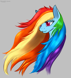 Size: 1259x1390 | Tagged: safe, artist:renarde-louve, derpibooru import, rainbow dash, pegasus, pony, bust, female, gray background, hair over one eye, long mane, mare, portrait, signature, simple background, solo