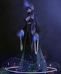 Size: 5000x6000 | Tagged: safe, artist:stardustspix, oc, oc only, oc:andromeda arcanum, anthro, pony, unguligrade anthro, unicorn, absolute cleavage, absurd resolution, anthro oc, black eyeshadow, blue eyes, breasts, cape, cleavage, cloak, clothes, eyeshadow, female, gem, glowing, horn, horseshoes, jewelry, levitation, magic, magic aura, mare, necklace, purple coat, robe, solo, sparkles, telekinesis