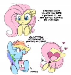 Size: 1994x2104 | Tagged: safe, artist:lbrcloud, derpibooru import, fluttershy, rainbow dash, pegasus, pony, comic, cupid arrow, dialogue, duo, female, floating heart, flutterdash, heart, heart shaped, lesbian, milkshake, open mouth, open smile, shipping, simple background, sketch, smiling, white background