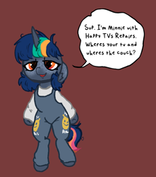 Size: 806x910 | Tagged: safe, artist:nootaz, derpibooru import, oc, oc only, oc:minnie static, pony, unicorn, bipedal, clothes, overalls, red background, simple background, solo, speech bubble