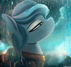 Size: 2500x2364 | Tagged: safe, artist:andaluce, derpibooru import, oc, oc:haze northfleet, pony, abstract background, bust, clothes, female, hoodie, mare, rain, solo