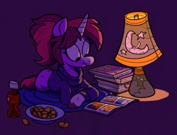 Size: 2081x1588 | Tagged: safe, artist:jimmyjamno1, derpibooru import, oc, oc only, pony, unicorn, chips, clothes, comic book, commission, crossed hooves, desk lamp, food, lamp, lying down, prone, purple background, reading, simple background, soda, solo, sweater, turtleneck