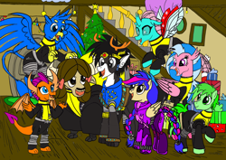 Size: 1024x724 | Tagged: safe, artist:jmkplover, artist:spiders123, derpibooru import, gallus, ocellus, sandbar, silverstream, smolder, yona, oc, oc:mayday, oc:mayday parker sparkle, deer, deer pony, original species, reindeer, antlers, christmas, christmas tree, hearth's warming, holiday, male, marvel, present, reindeer antlers, spiders and magic: rise of spider-mane, stag, student six, tree, ullr, x-men