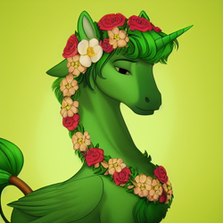 Size: 512x512 | Tagged: safe, ai content, derpibooru import, generator:stable diffusion, machine learning generated, oc, oc:prince gaius evergreen, alicorn, ai artifact, chest fluff, flower, flower in hair, generator:ponydiffusion v4, gradient background, green fur, green mane, long neck, male, neck fluff, prompter:downunda thunda, simple background, solo, story included, tail, tail wrap