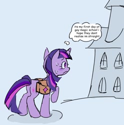 Size: 1172x1180 | Tagged: safe, artist:onionpwder, derpibooru import, twilight sparkle, unicorn twilight, pony, unicorn, bag, butt, female, frown, male, mare, nervous sweat, plot, saddle bag, solo, straight, sweat