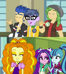 Size: 1280x1440 | Tagged: safe, derpibooru import, edit, edited screencap, screencap, adagio dazzle, aria blaze, flash sentry, microchips, sandalwood, sonata dusk, human, a banner day, equestria girls, rainbow rocks, ariachips, female, flashagio, gem, glasses, hat, male, sandata, shipping, shipping domino, siren gem, straight, the dazzlings