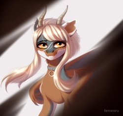 Size: 1280x1207 | Tagged: source needed, safe, artist:fenwaru, derpibooru import, oc, hybrid, pegasus, pony, collar, dragon horns, fangs, female, horns, pegasus oc, scar