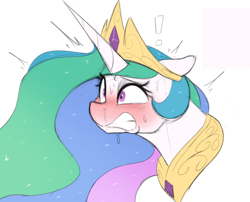 Size: 660x532 | Tagged: safe, artist:welost, derpibooru import, princess celestia, alicorn, pony, blushing, blushing profusely, bust, crown, exclamation point, female, gritted teeth, jewelry, mare, peytral, portrait, regalia, simple background, solo, sweat, sweatdrop, teeth, white background