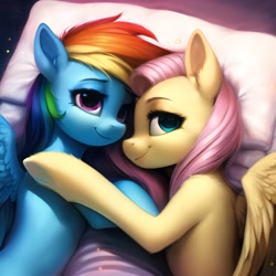 Size: 2560x2560 | Tagged: safe, ai content, derpibooru import, generator:novelai, generator:stable diffusion, machine learning generated, fluttershy, rainbow dash, pegasus, pony, bed, cuddling, cute, duo, duo female, female, flutterdash, happy, high res, indoors, lesbian, looking at you, lying down, mare, on side, pillow, prompter:endless--, shipping, smiling, smiling at you, snuggling, wings