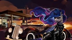 Size: 2560x1440 | Tagged: safe, artist:krapinkaius, derpibooru import, princess luna, alicorn, car, cigarette, clothes, corpse paint, ear piercing, ethereal mane, eyeshadow, gas station, greaser, leather, leather vest, makeup, piercing, pin, radio station, vest