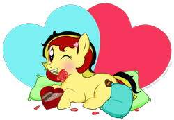 Size: 1821x1259 | Tagged: safe, artist:hazel bloons, derpibooru exclusive, derpibooru import, oc, oc only, oc:chocolate sweets, earth pony, pony, 2023, blushing, box of chocolates, chocolate, cutie mark, eyelashes, female, flower, flower in mouth, food, hairclip, heart, heart background, holiday, looking at you, lying down, mouth hold, multicolored mane, one eye closed, petals, pillow, red eyes, rose, rose petals, signature, simple background, solo, transparent background, valentine's day, wink, winking at you, yellow coat