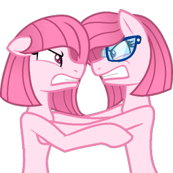 Size: 641x638 | Tagged: safe, artist:alexeigribanov, artist:tanahgrogot, derpibooru import, oc, oc only, oc:annisa trihapsari, earth pony, pony, angry, base used, ears, female, fight, floppy ears, glasses, gritted teeth, mare, siblings, simple background, teeth, transparent background, twins
