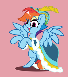 Size: 2000x2250 | Tagged: safe, artist:fakkajohan, derpibooru import, rainbow dash, pegasus, pony, alternate hairstyle, clothes, coronation dress, dress, female, hat, looking at you, open mouth, open smile, rainbow dash always dresses in style, raised hooves, simple background, smiling, solo, spread wings, wings