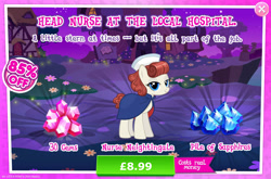 Size: 1958x1295 | Tagged: safe, derpibooru import, nurse neightingale, earth pony, pony, advertisement, clothes, costs real money, english, female, gameloft, gem, hat, mare, mobile game, my little pony: magic princess, numbers, official, sale, solo, solo focus, text