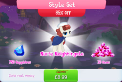 Size: 1266x853 | Tagged: safe, derpibooru import, nurse neightingale, earth pony, pony, bundle, clothes, costs real money, english, female, gameloft, gem, hat, mare, mobile game, my little pony: magic princess, numbers, official, sale, solo, solo focus, text