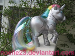 Size: 2816x2112 | Tagged: safe, artist:noelle23, derpibooru import, photographer:noelle23, pony, robot, robot pony, unicorn, g1, customized toy, horn, irl, outdoors, photo, ponified, raised hoof, raised leg, robot unicorn attack, solo, species swap, tail, tail wrap, toy, tree branch