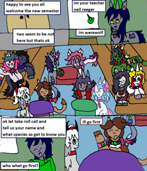 Size: 1246x1449 | Tagged: safe, artist:ask-luciavampire, derpibooru import, oc, changeling, cyclops, demon, demon pony, gargoyle, ghost, ghost pony, pony, succubus, undead, vampire, vampony, werewolf, comic, frankenstein's monster, school, tumblr