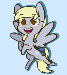 Size: 2364x2644 | Tagged: safe, artist:lilliesinthegarden, derpibooru import, derpy hooves, pegasus, pony, blue background, female, open mouth, open smile, simple background, smiling, solo, spread wings, wings