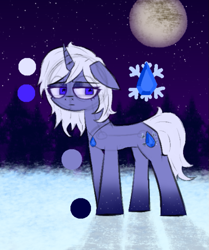 Size: 693x830 | Tagged: safe, artist:xxv4mp_g4z3rxx, derpibooru import, oc, oc only, oc:scarlet frost, unicorn, female, horn, mare, moon, night, reference sheet, sapphire, snow, solo, stars, tree, unicorn oc