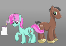 Size: 2000x1400 | Tagged: safe, artist:amateur-draw, derpibooru import, oc, oc only, oc:belle boue, oc:oak wood, earth pony, pony, unicorn, cutie mark, male, paper, pencil, simple background, stallion