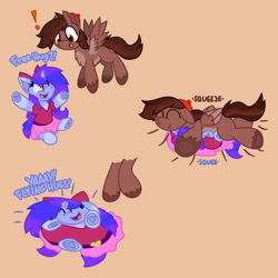 Size: 5000x5000 | Tagged: safe, artist:silvaqular, derpibooru import, oc, oc:autumn rosewood, oc:qular, pegasus, unicorn, belt, bow, clothes, flattened, flattening, fluffy, happy, hat, hug, outfit, shirt, skirt, squeezing, squished