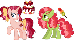 Size: 1815x984 | Tagged: safe, artist:strawberry-spritz, derpibooru import, earth pony, pony, unicorn, bow, female, hair bow, magical lesbian spawn, mare, offspring, parent:applejack, parent:pinkie pie, parent:rarity, parent:tree hugger, parents:rarijack, simple background, tail, tail bow, transparent background