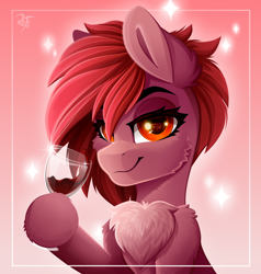 Size: 2000x2100 | Tagged: safe, artist:rainbowfire, derpibooru import, oc, oc only, earth pony, pony, alcohol, cute, female, glass, looking at you, mare, raised hoof, raised leg, red eyes, simple background, smiling, solo, wine, wine glass