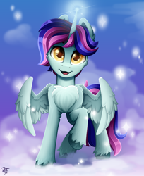 Size: 2200x2700 | Tagged: safe, artist:rainbowfire, derpibooru import, oc, oc only, alicorn, pegasus, pony, unicorn, cloud, cute, golden eyes, grin, horn, looking at you, magic, magic aura, male, night, open mouth, raised hoof, raised leg, simple background, sky, smiling, solo, spread wings, stallion, stars, wings